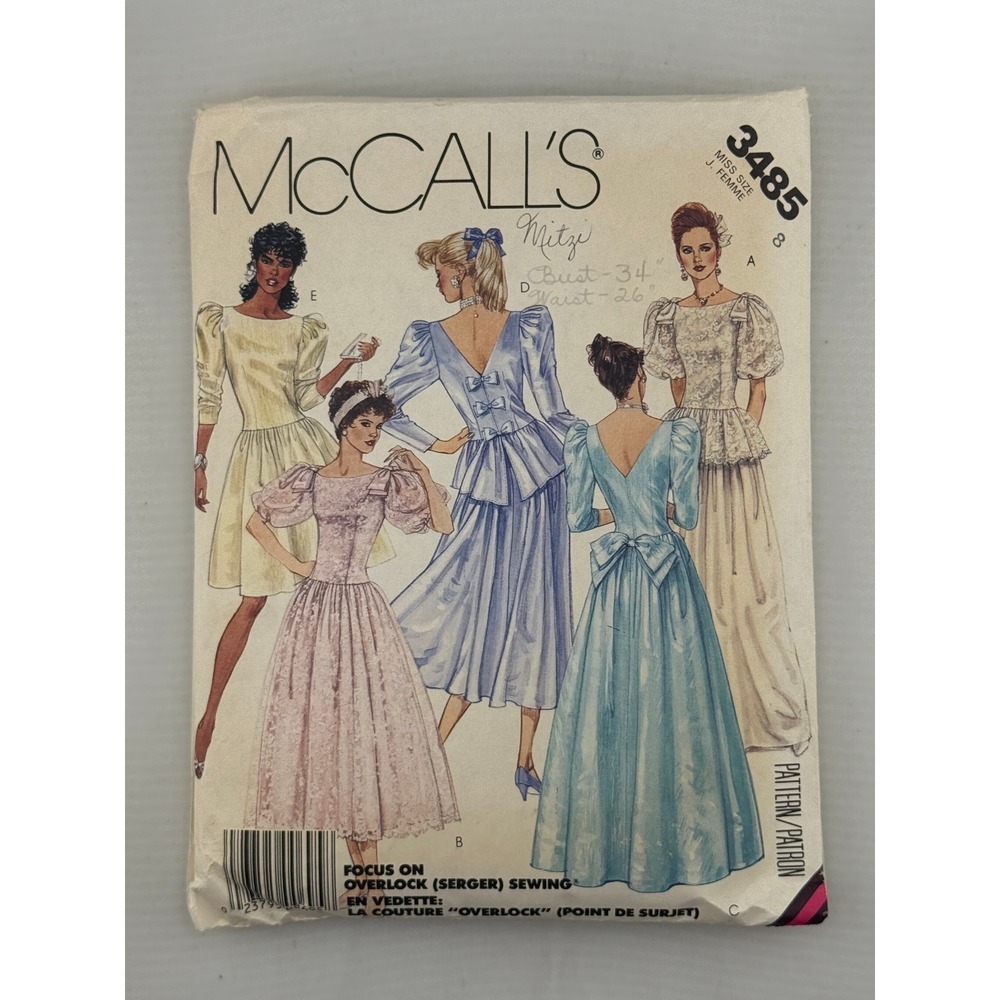 McCalls 3485 Sewing Pattern Women Size 8 Multicolor Good Vintage 80s Prom Gown
